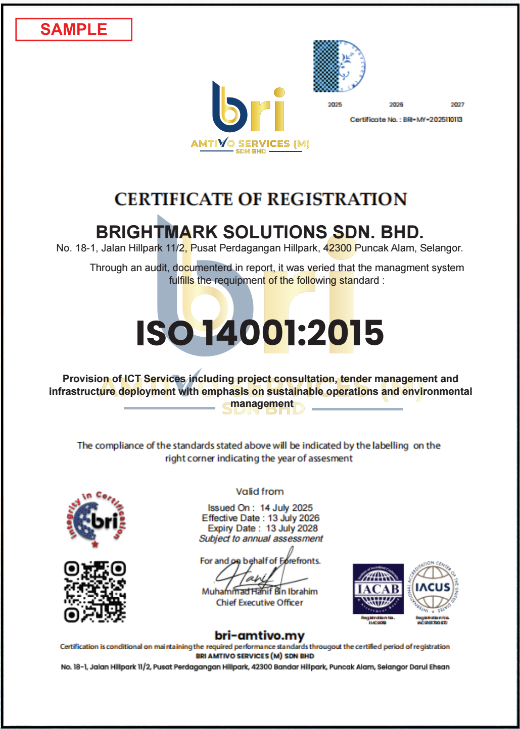 ISO 14001 Sample Certificate