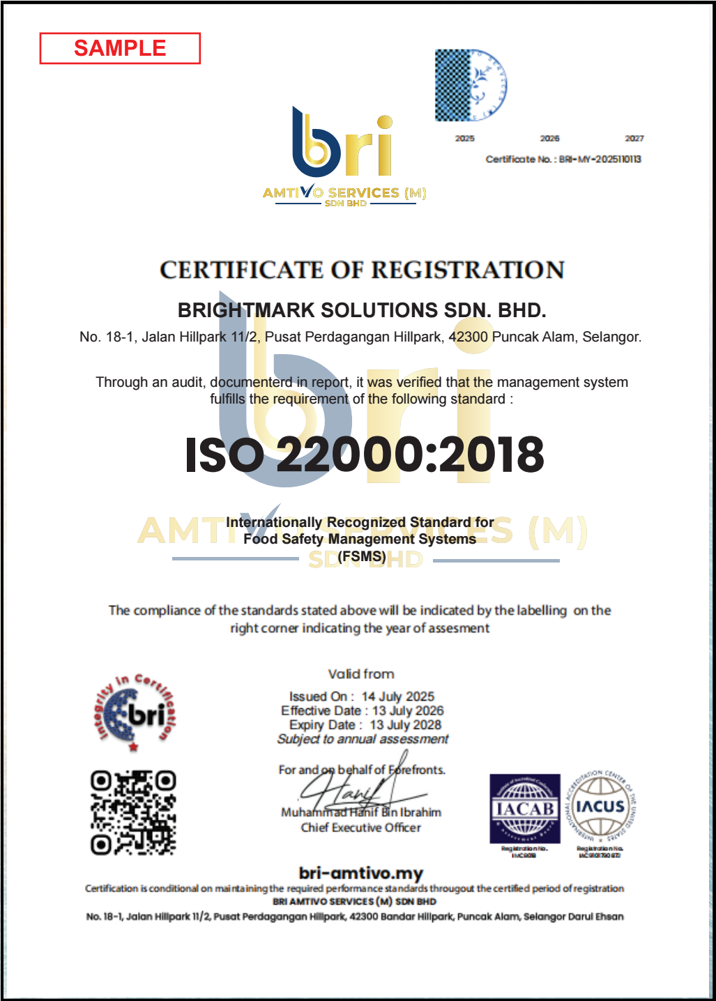 ISO 22000 Sample Certificate