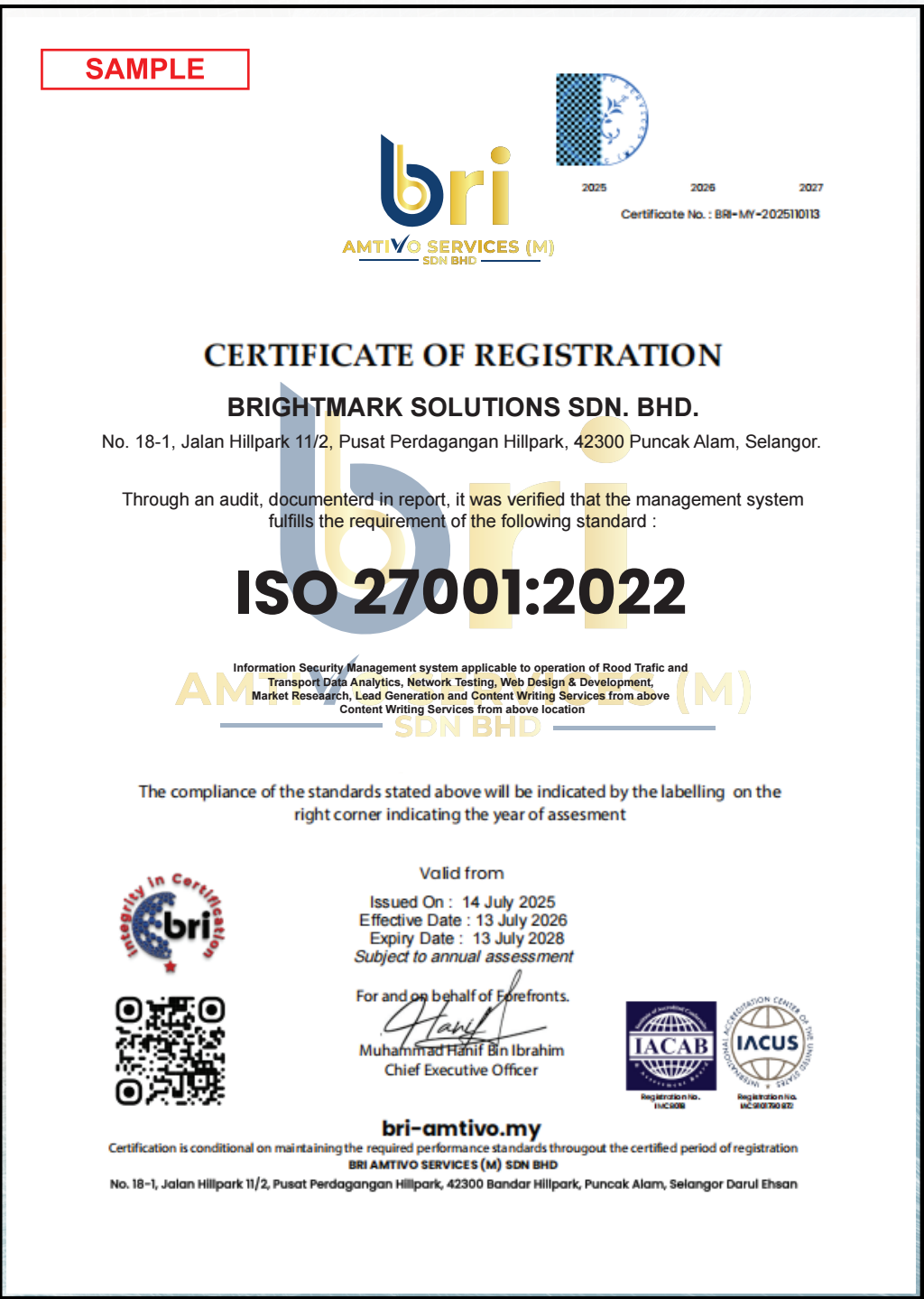 ISO 27001 Sample Certificate