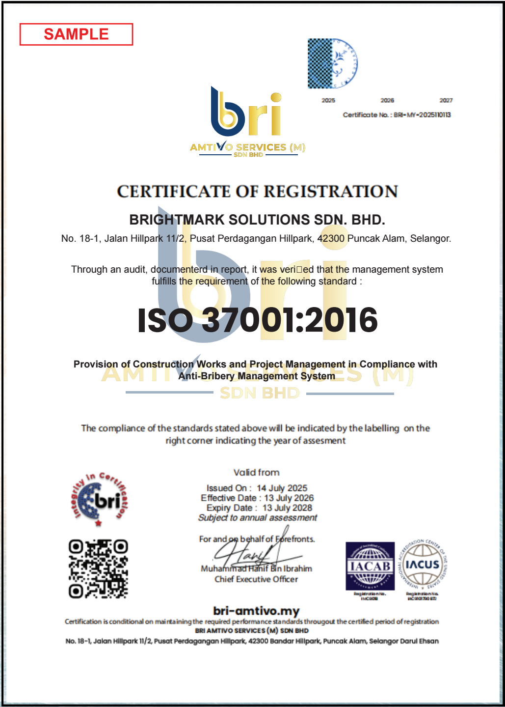 ISO 37001 Sample Certificate