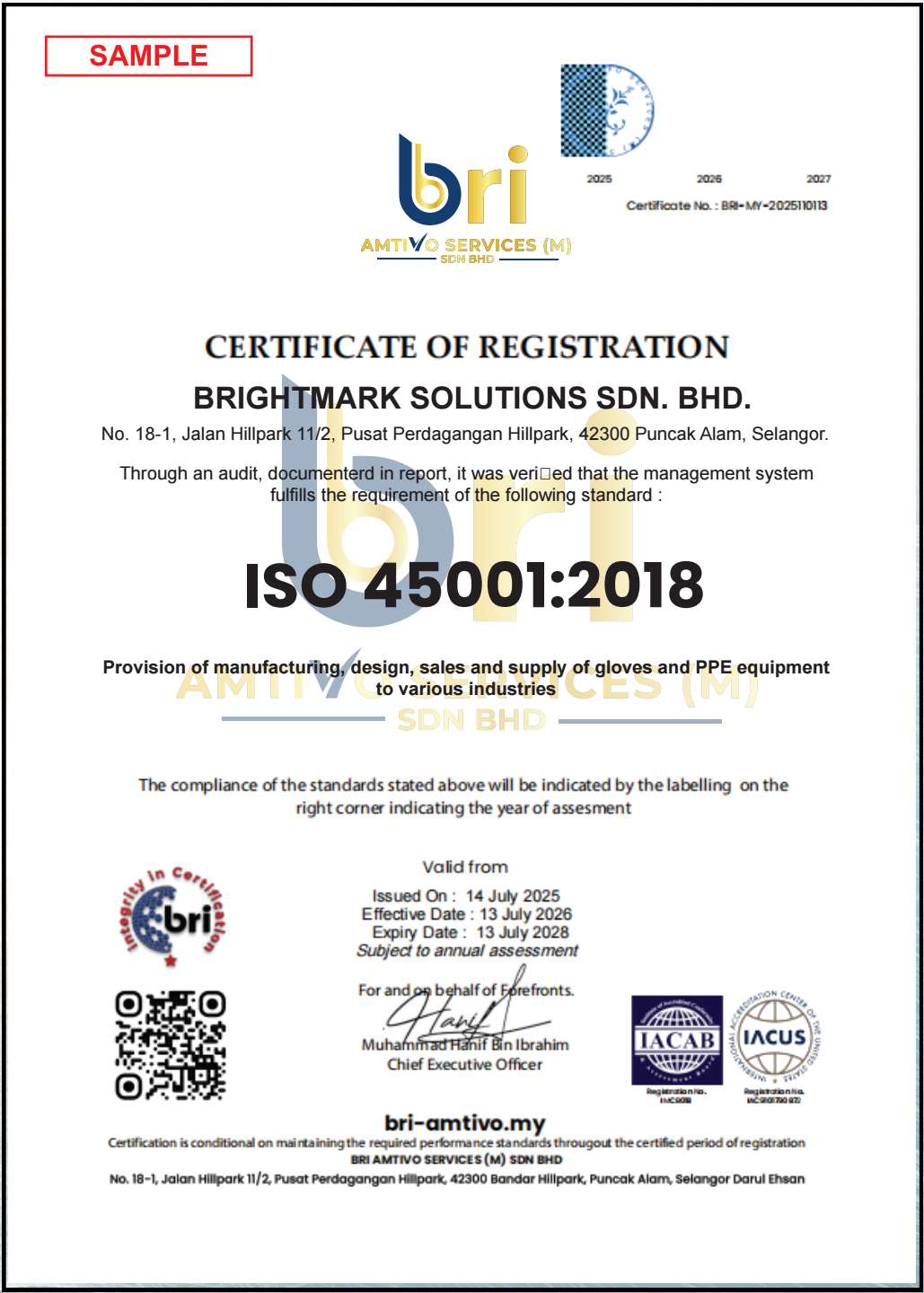 ISO 45001 Sample Certificate